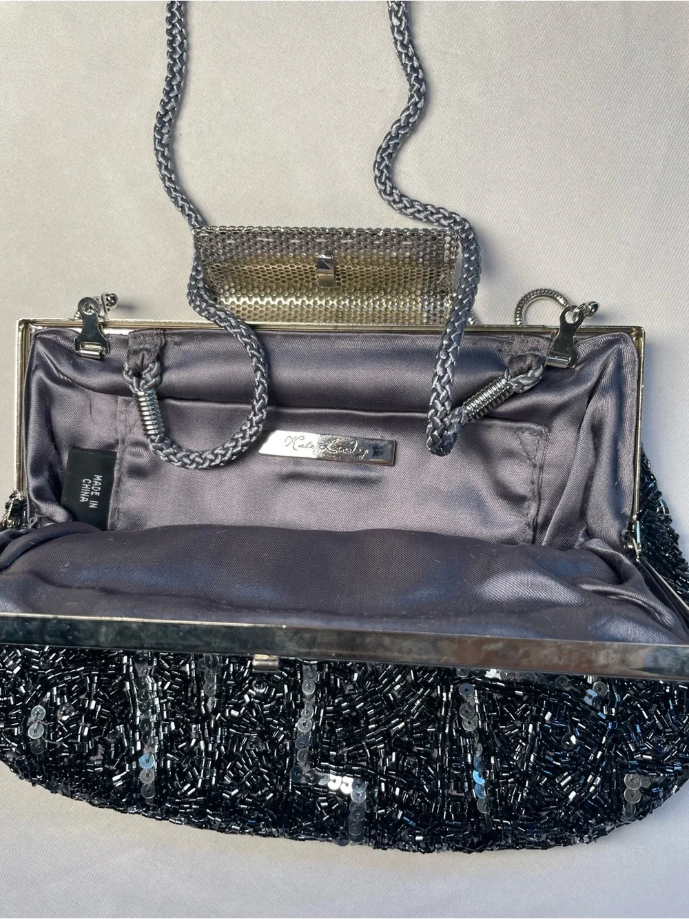 Y2K Kate Landry Beaded Evening Bag Handbag Shoulder Bag Clutch Silver Black